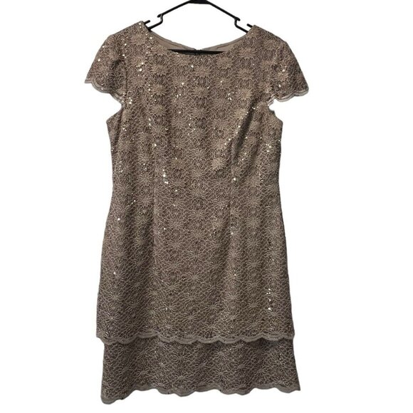 Alex Evenings Womens Petite‎ 16P Tan Dress Zip Sequined Formal Evening Business - Picture 1 of 11
